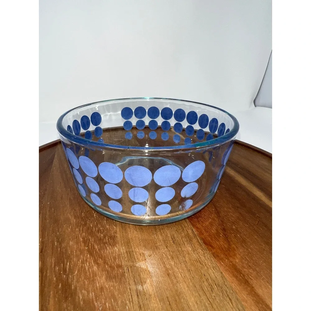 Pyrex Blue Polka Dot Clear‎ Glass Round Mixing Storage Bowl 6 inch Made in USA